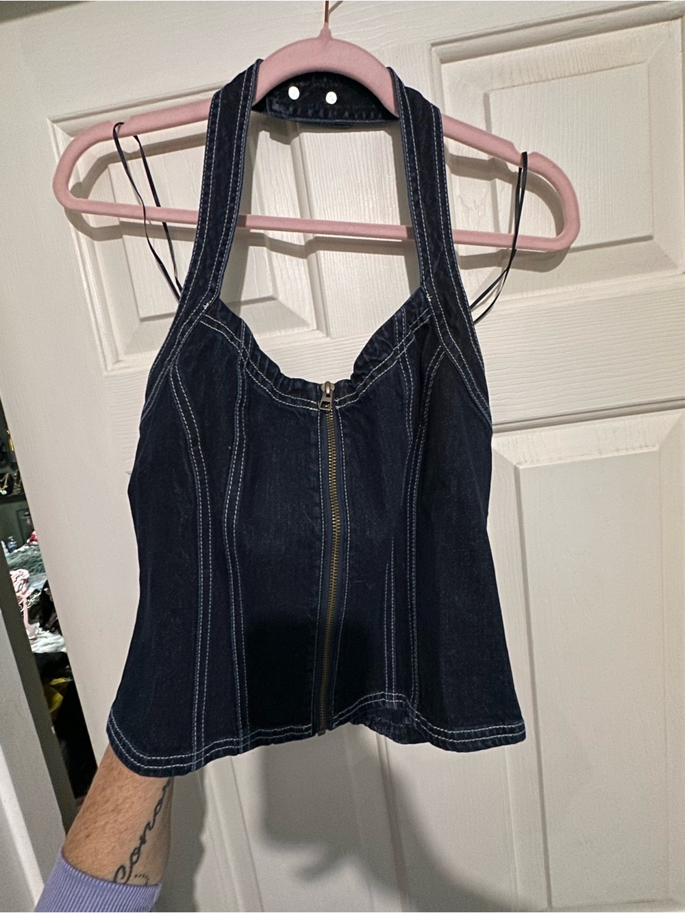 NWT Pilcro Anthropologie Dark Blue Denim Zip Front Halter Tank - Picture 2 of 11